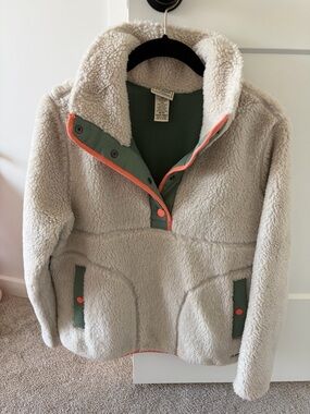 L.L. Bean Cream Sherpa Pullover Jacket with Green & Coral Trim